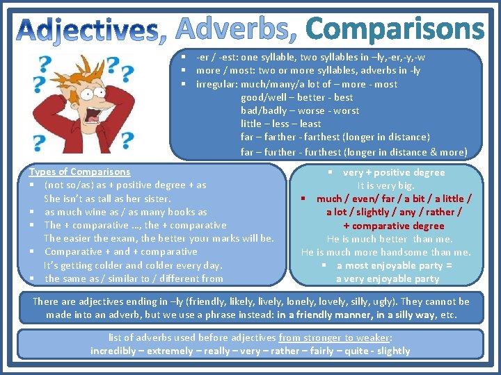 Adverbs, Comparisons § -er / -est: one syllable, two syllables in –ly, -er, -y,