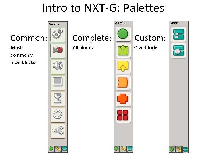 Intro to NXT-G: Palettes Common: Complete: Most commonly used blocks All blocks Custom: Downloa