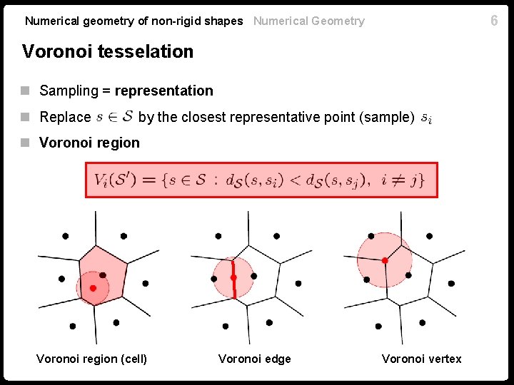 6 Numerical geometry of non-rigid shapes Numerical Geometry Voronoi tesselation n Sampling = representation