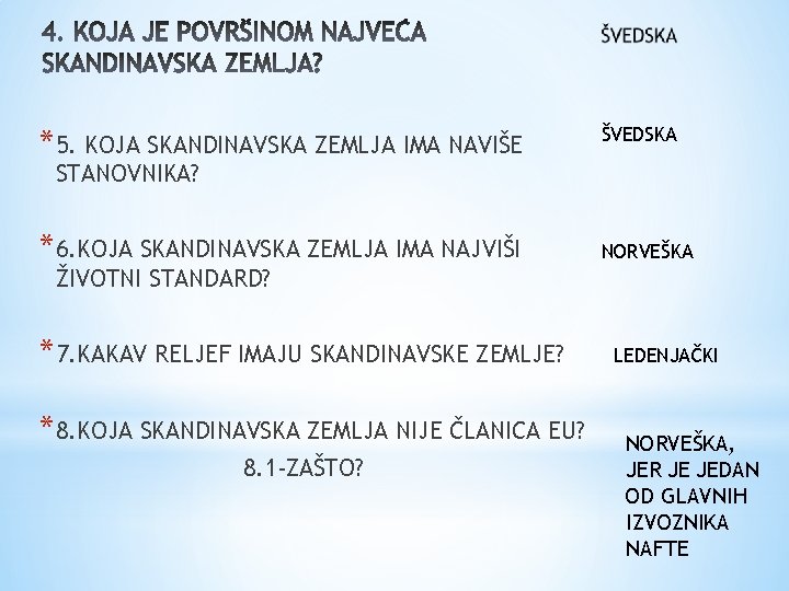 *5. KOJA SKANDINAVSKA ZEMLJA IMA NAVIŠE ŠVEDSKA *6. KOJA SKANDINAVSKA ZEMLJA IMA NAJVIŠI NORVEŠKA