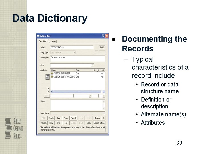 Data Dictionary ● Documenting the Records – Typical characteristics of a record include •
