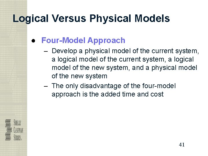 Logical Versus Physical Models ● Four-Model Approach – Develop a physical model of the