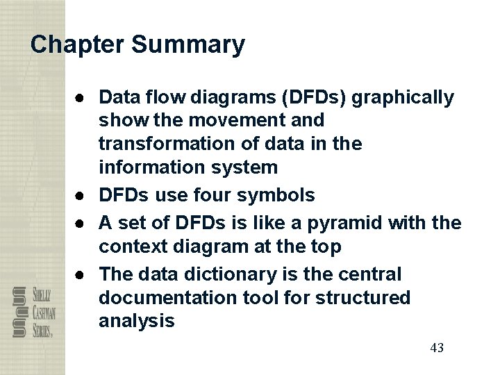 Chapter Summary ● Data flow diagrams (DFDs) graphically show the movement and transformation of