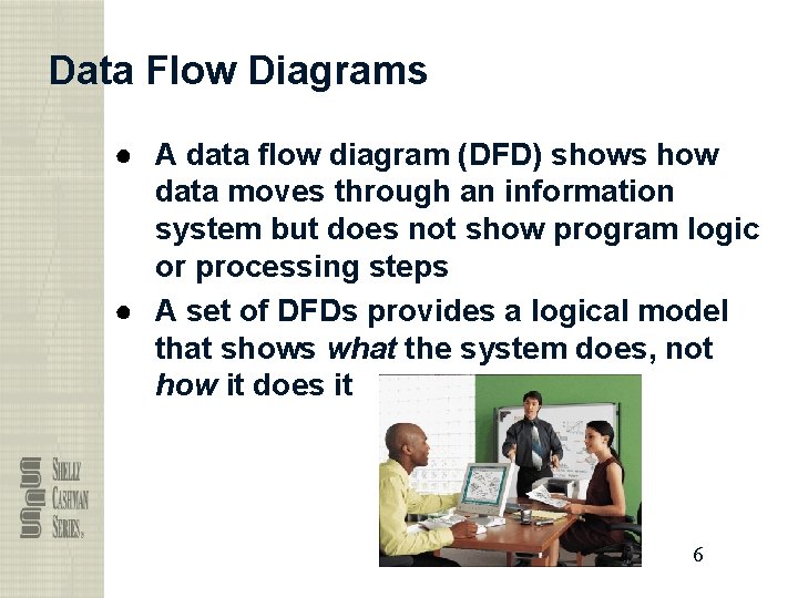 Data Flow Diagrams ● A data flow diagram (DFD) shows how data moves through