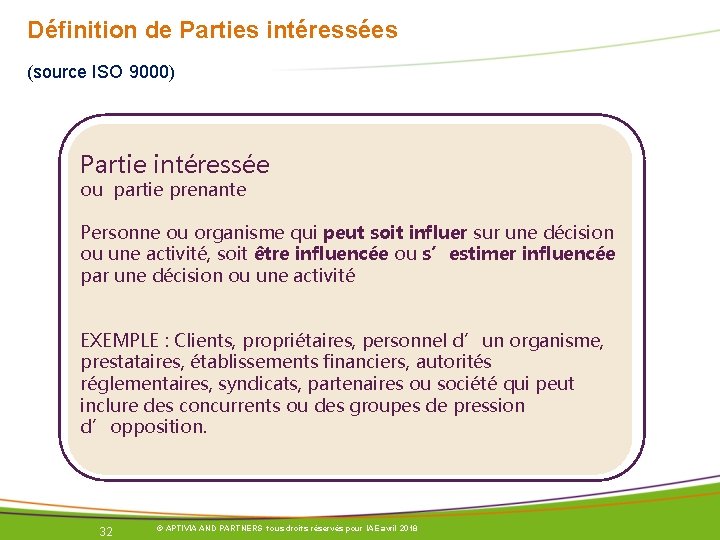 Définition de Parties intéressées (source ISO 9000) Partie intéressée ou partie prenante Personne ou Définition de Parties intéressées (source ISO 9000) Partie intéressée ou partie prenante Personne ou