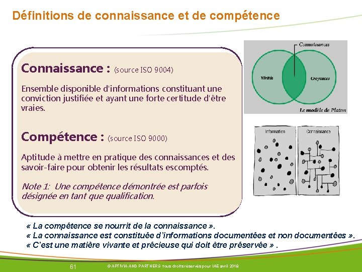 Définitions de connaissance et de compétence Connaissance : (source ISO 9004) Ensemble disponible d'informations Définitions de connaissance et de compétence Connaissance : (source ISO 9004) Ensemble disponible d'informations