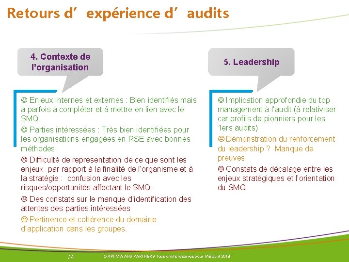 Retours d’expérience d’audits 4. Contexte de l’organisation 5. Leadership Enjeux internes et externes : Retours d’expérience d’audits 4. Contexte de l’organisation 5. Leadership Enjeux internes et externes :