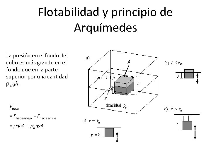 Flotabilidad y principio de Arquímedes La presión en el fondo del cubo es más