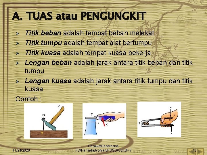 A. TUAS atau PENGUNGKIT Titik beban adalah tempat beban melekat Ø Titik tumpu adalah