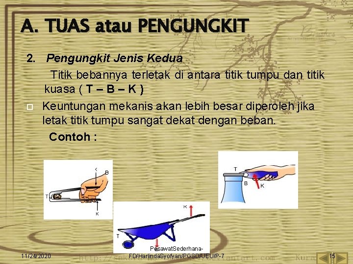 A. TUAS atau PENGUNGKIT 2. Pengungkit Jenis Kedua Titik bebannya terletak di antara titik