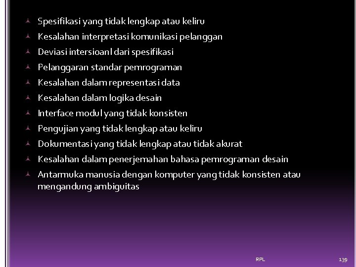  Spesifikasi yang tidak lengkap atau keliru Kesalahan interpretasi komunikasi pelanggan Deviasi intersioanl dari