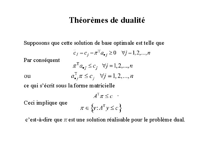 Théorèmes de dualité Supposons que cette solution de base optimale est telle que Par