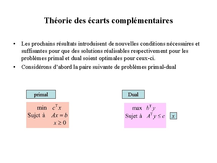 Théorie des écarts complémentaires • Les prochains résultats introduisent de nouvelles conditions nécessaires et