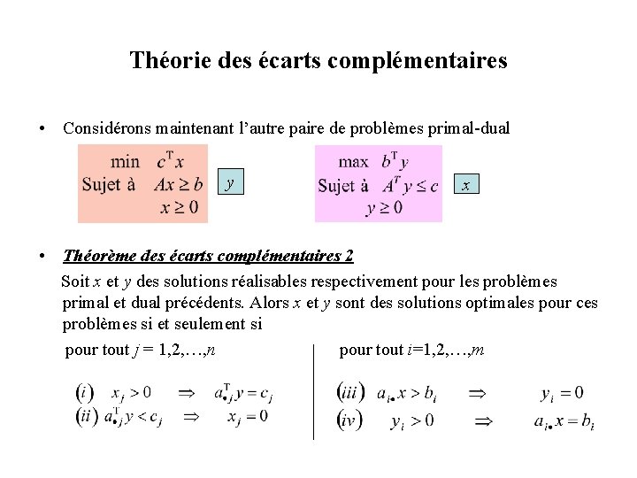 Théorie des écarts complémentaires • Considérons maintenant l’autre paire de problèmes primal-dual y x