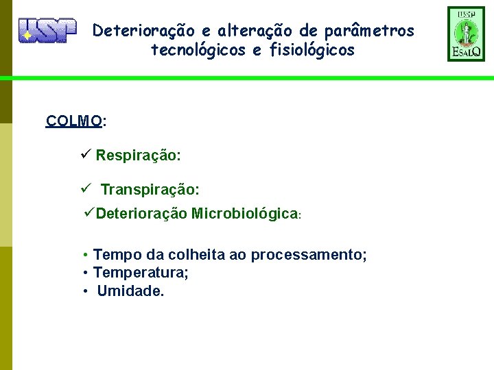 Deterioração e alteração de parâmetros tecnológicos e fisiológicos COLMO: ü Respiração: ü Transpiração: üDeterioração