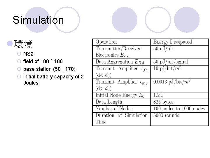 Simulation l 環境 ¡ ¡ NS 2 field of 100 * 100 base station