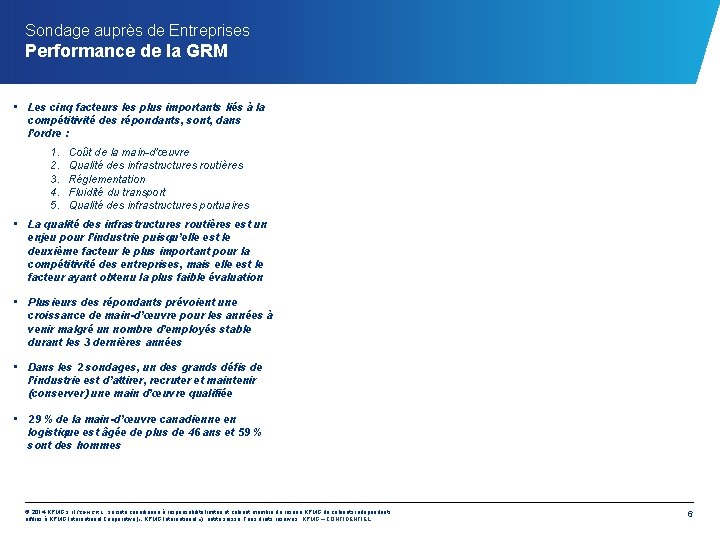Sondage auprès de Entreprises Performance de la GRM • Les cinq facteurs les plus