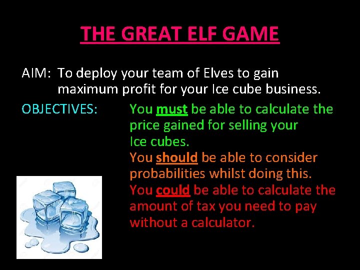 THE GREAT ELF GAME AIM: To deploy your team of Elves to gain maximum