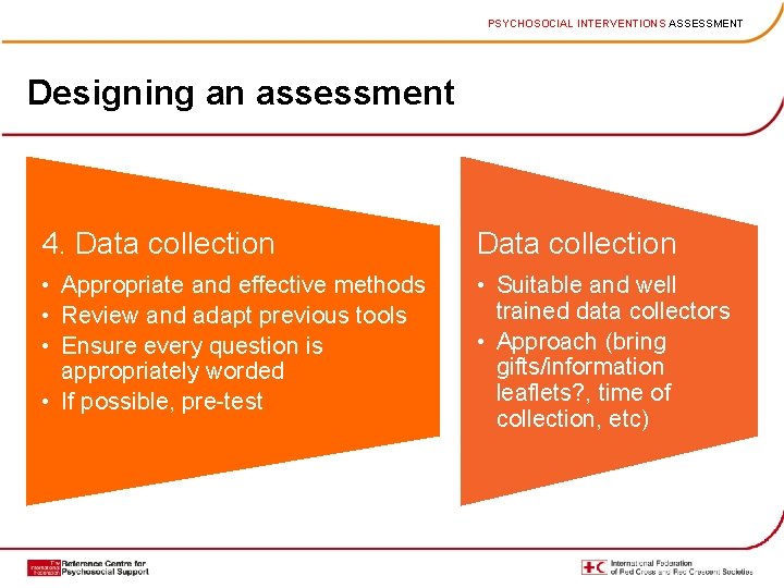 PSYCHOSOCIAL INTERVENTIONS ASSESSMENT Designing an assessment 4. Data collection • Appropriate and effective methods
