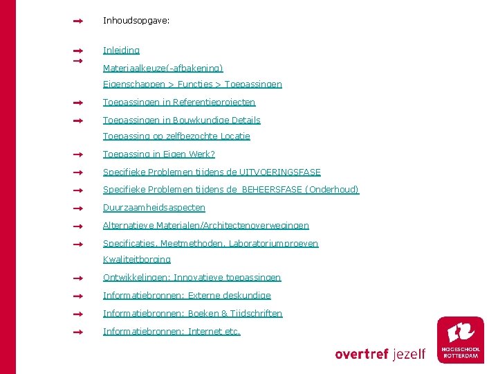 Inhoudsopgave: Inleiding Materiaalkeuze(-afbakening) Eigenschappen > Functies > Toepassingen in Referentieprojecten Toepassingen in Bouwkundige Details