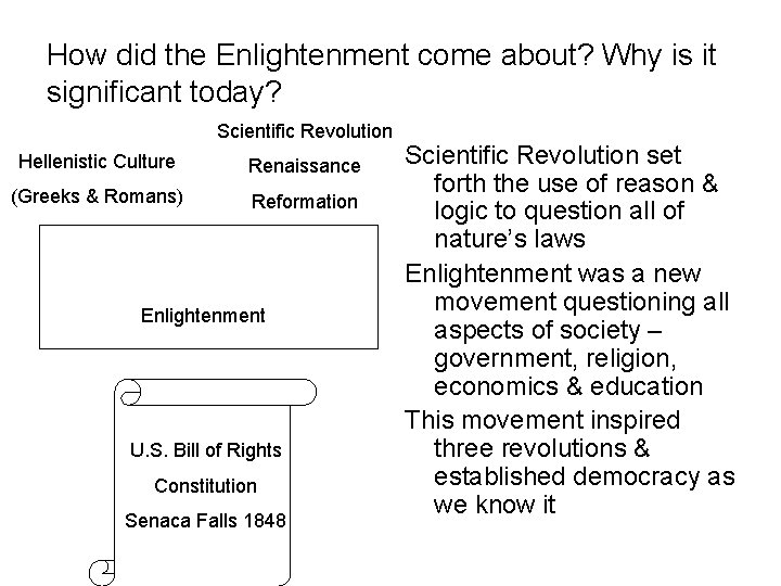 How did the Enlightenment come about? Why is it significant today? Scientific Revolution Hellenistic