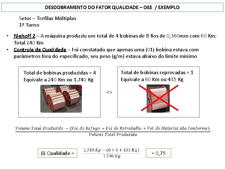 DESDOBRAMENTO DO FATOR QUALIDADE – OEE / EXEMPLO Setor – Trefilas Múltiplas 1º Turno