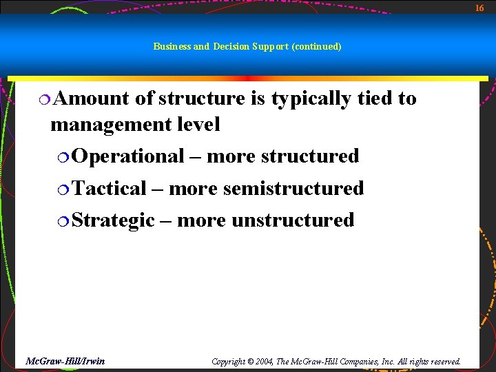 16 Business and Decision Support (continued) ¦Amount of structure is typically tied to management