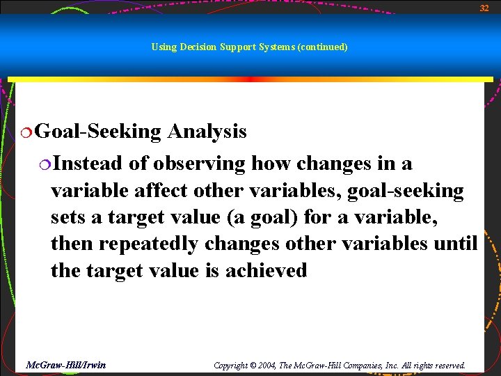 32 Using Decision Support Systems (continued) ¦Goal-Seeking Analysis ¦Instead of observing how changes in