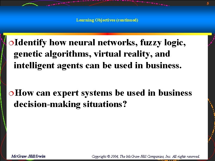 5 Learning Objectives (continued) ¦Identify how neural networks, fuzzy logic, genetic algorithms, virtual reality,
