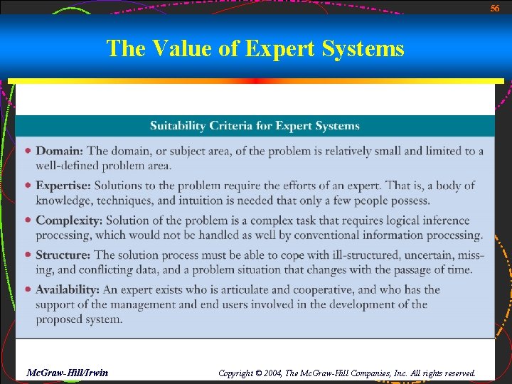 56 The Value of Expert Systems Mc. Graw-Hill/Irwin Copyright © 2004, The Mc. Graw-Hill