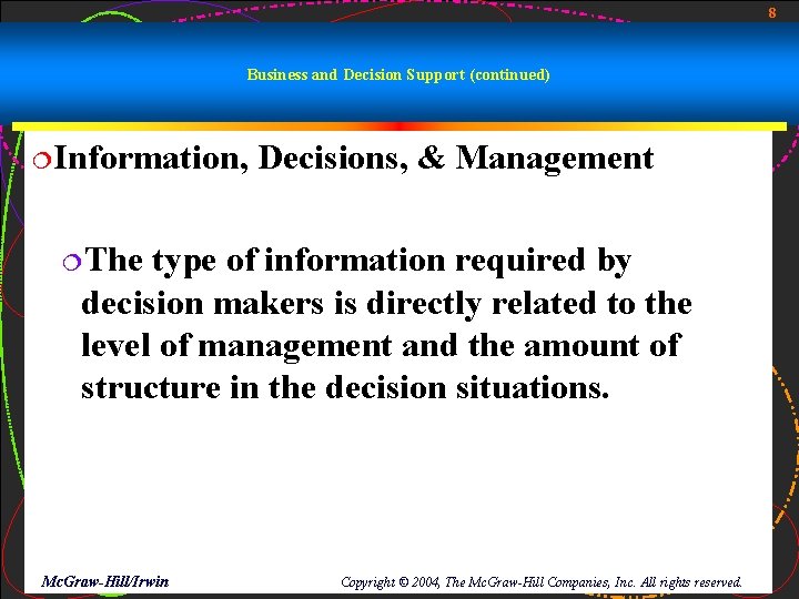 8 Business and Decision Support (continued) ¦Information, Decisions, & Management ¦The type of information