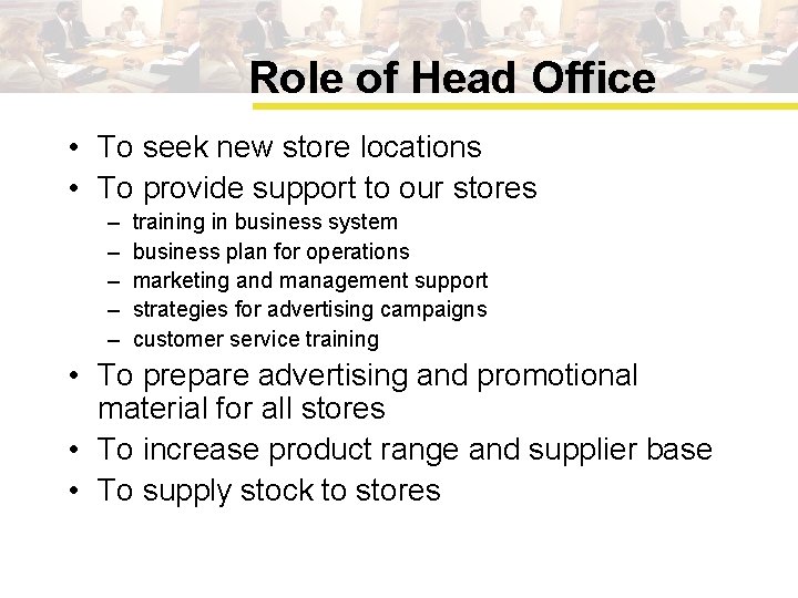 Role of Head Office • To seek new store locations • To provide support