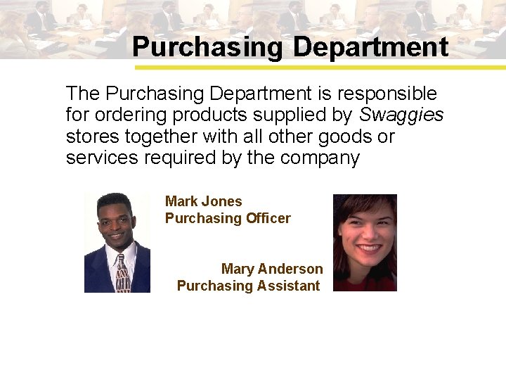 Purchasing Department The Purchasing Department is responsible for ordering products supplied by Swaggies stores