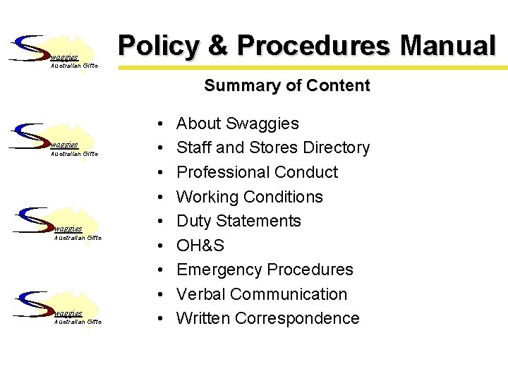 waggies Policy & Procedures Manual Australian Gifts Summary of Content waggies Australian Gifts •