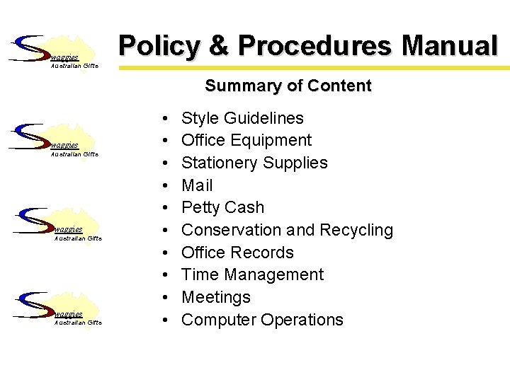 waggies Policy & Procedures Manual Australian Gifts Summary of Content waggies Australian Gifts •