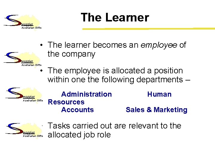 The Learner waggies Australian Gifts • The learner becomes an employee of the company