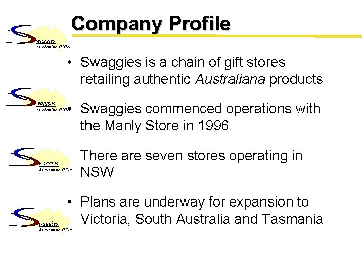 Company Profile waggies Australian Gifts • Swaggies is a chain of gift stores retailing