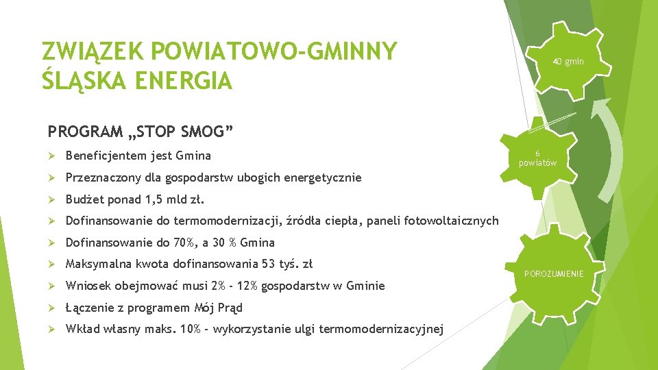 ZWIĄZEK POWIATOWO-GMINNY ŚLĄSKA ENERGIA 40 gmin PROGRAM „STOP SMOG” Ø Beneficjentem jest Gmina Ø