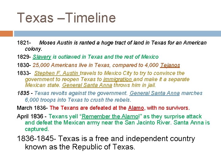 Texas –Timeline 1821 - Moses Austin is ranted a huge tract of land in