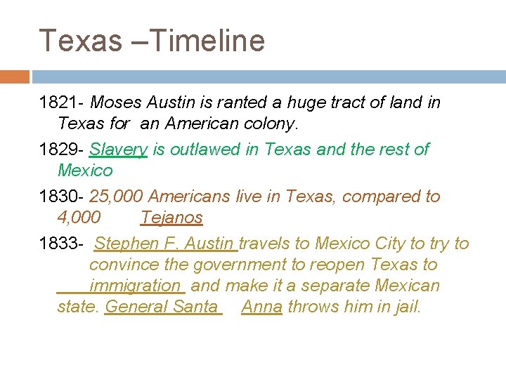 Texas –Timeline 1821 - Moses Austin is ranted a huge tract of land in