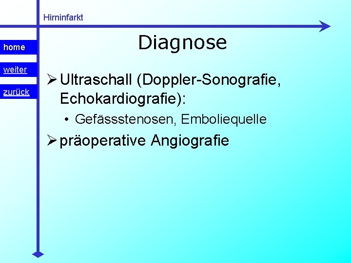 Hirninfarkt home weiter zurück Diagnose Ø Ultraschall (Doppler-Sonografie, Echokardiografie): • Gefässstenosen, Emboliequelle Ø präoperative