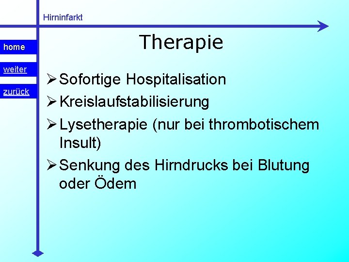 Hirninfarkt home weiter zurück Therapie Ø Sofortige Hospitalisation Ø Kreislaufstabilisierung Ø Lysetherapie (nur bei Hirninfarkt home weiter zurück Therapie Ø Sofortige Hospitalisation Ø Kreislaufstabilisierung Ø Lysetherapie (nur bei