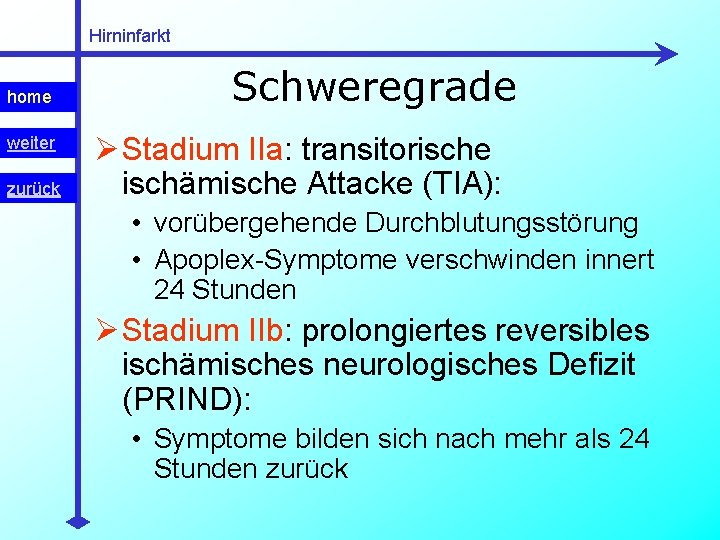 Hirninfarkt home weiter zurück Schweregrade Ø Stadium IIa: transitorische ischämische Attacke (TIA): • vorübergehende