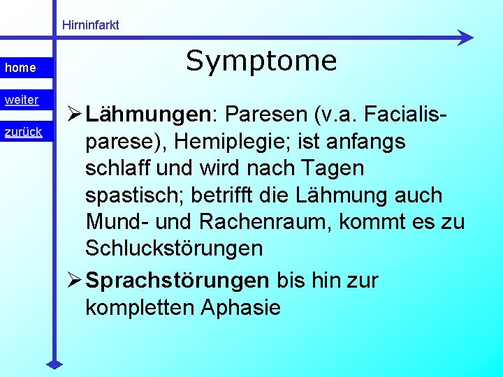 Hirninfarkt home weiter zurück Symptome Ø Lähmungen: Paresen (v. a. Facialisparese), Hemiplegie; ist anfangs