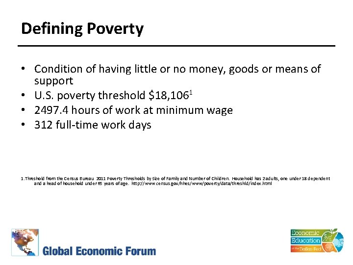 Defining Poverty • Condition of having little or no money, goods or means of
