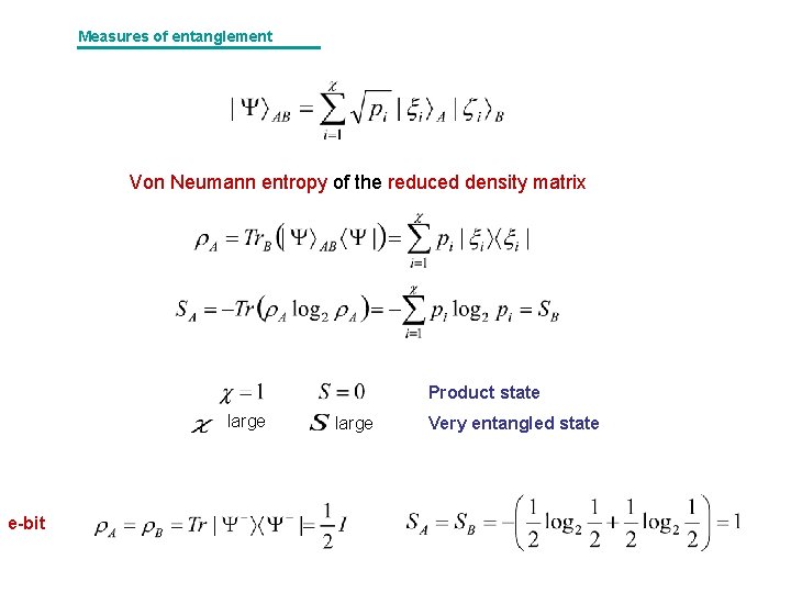 Measures of entanglement Von Neumann entropy of the reduced density matrix Product state large