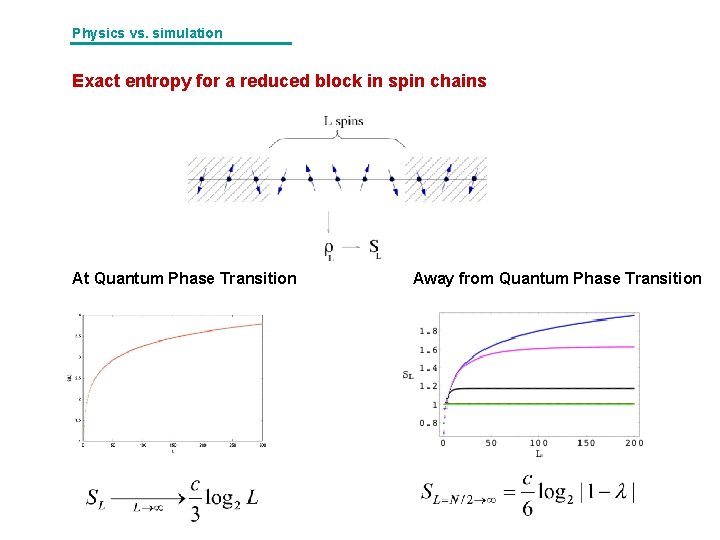 Physics vs. simulation Exact entropy for a reduced block in spin chains At Quantum