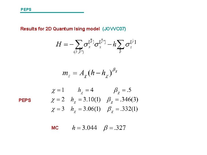 PEPS Results for 2 D Quantum Ising model (JOVVC 07) PEPS MC 