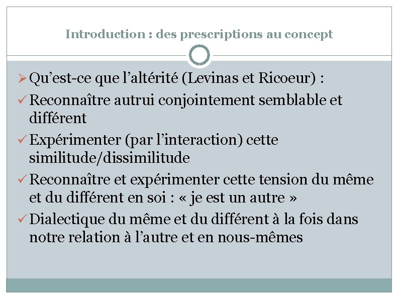 Introduction : des prescriptions au concept Ø Qu’est-ce que l’altérité (Levinas et Ricoeur) :