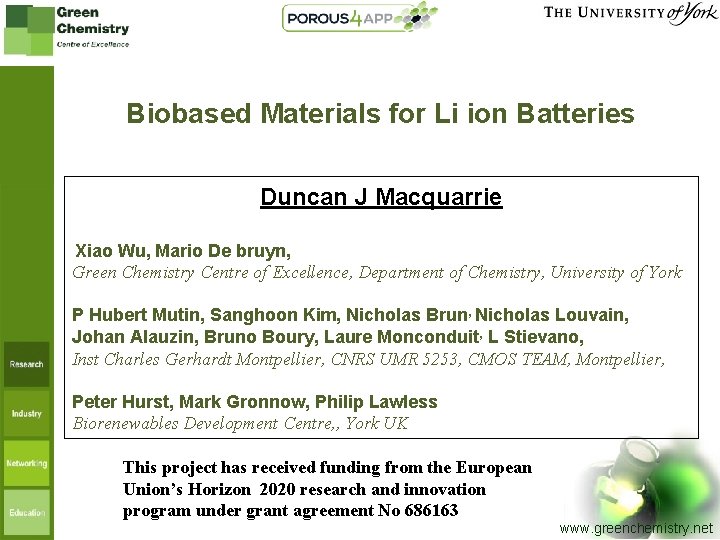 Biobased Materials for Li ion Batteries Duncan J Macquarrie Xiao Wu, Mario De bruyn,